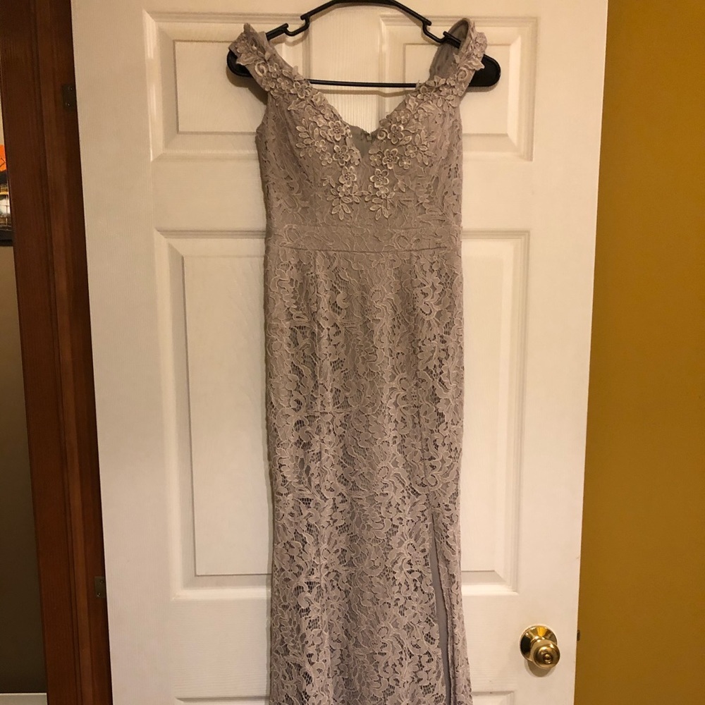 Gray off the shoulder mermaid gown